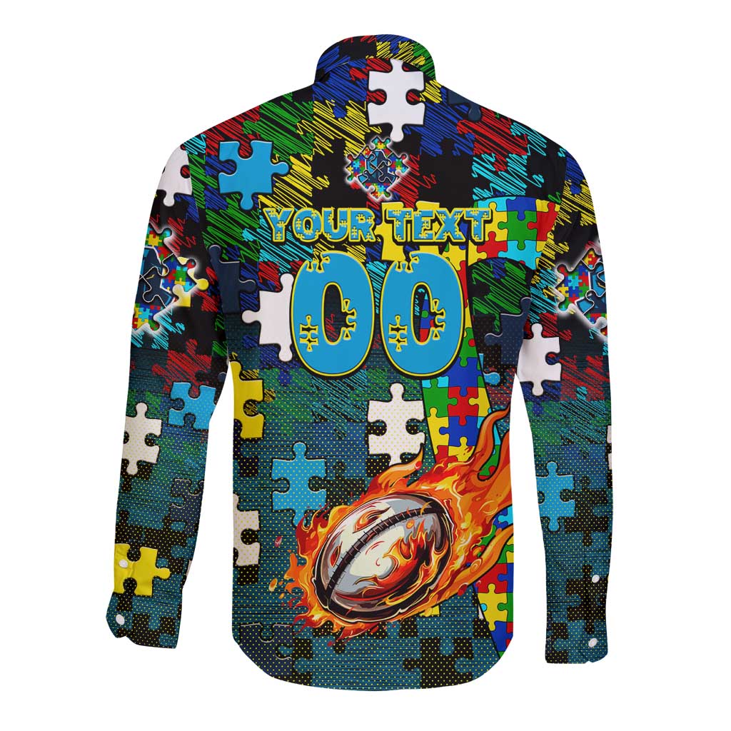 Titans Autism Awareness Long Sleeve Button Shirt Puzzle Flames Rugby Ball