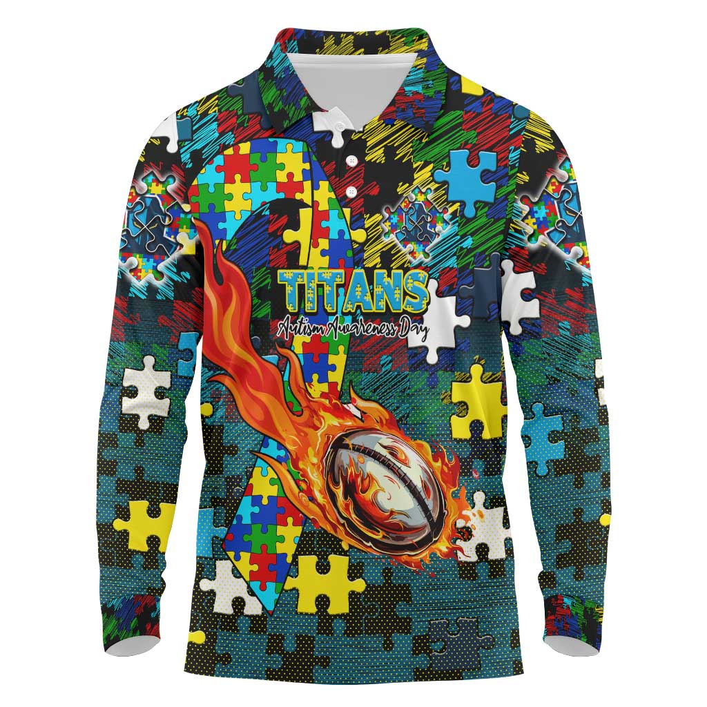 Titans Autism Awareness Long Sleeve Polo Shirt Puzzle Flames Rugby Ball