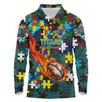 Titans Autism Awareness Long Sleeve Polo Shirt Puzzle Flames Rugby Ball