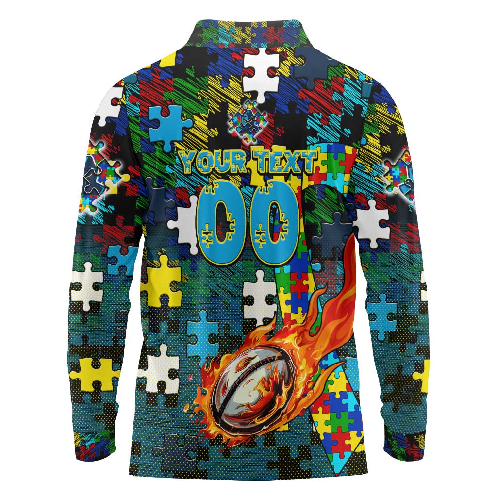 Titans Autism Awareness Long Sleeve Polo Shirt Puzzle Flames Rugby Ball