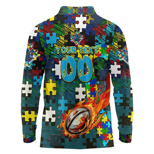 Titans Autism Awareness Long Sleeve Polo Shirt Puzzle Flames Rugby Ball