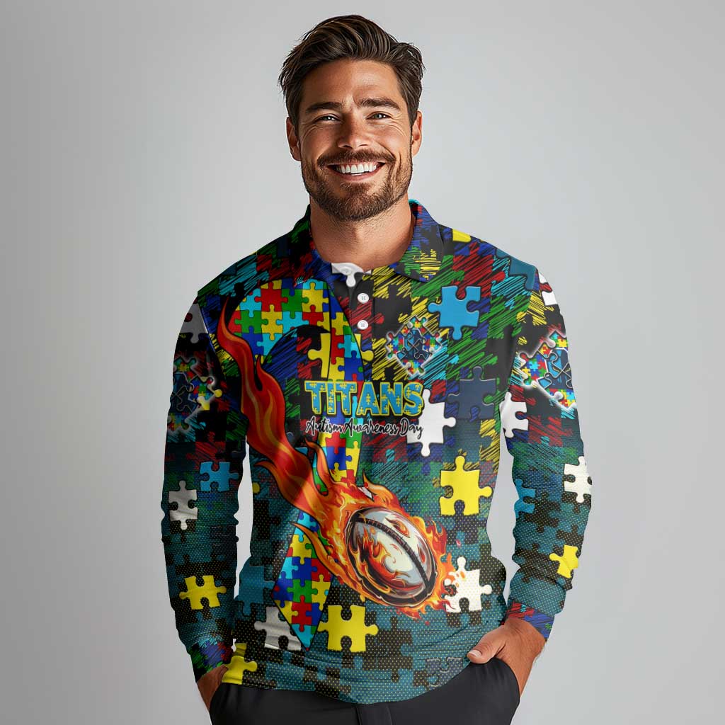 Titans Autism Awareness Long Sleeve Polo Shirt Puzzle Flames Rugby Ball