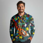 Titans Autism Awareness Long Sleeve Polo Shirt Puzzle Flames Rugby Ball
