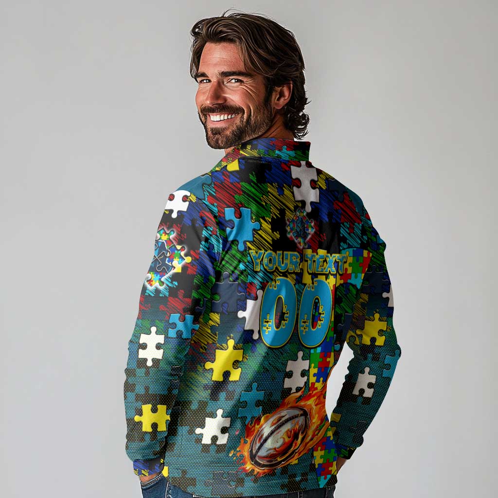 Titans Autism Awareness Long Sleeve Polo Shirt Puzzle Flames Rugby Ball