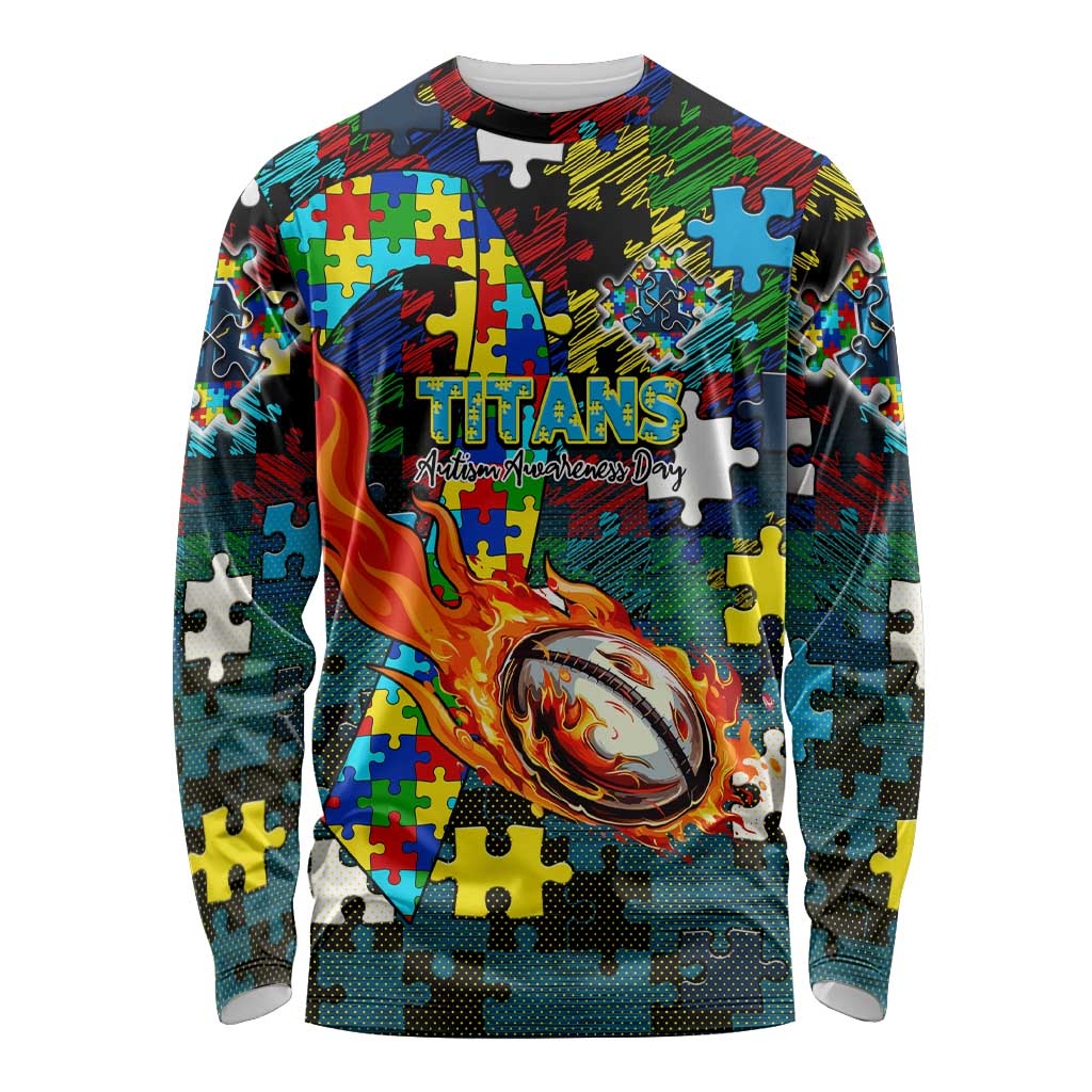 Titans Autism Awareness Long Sleeve Shirt Puzzle Flames Rugby Ball