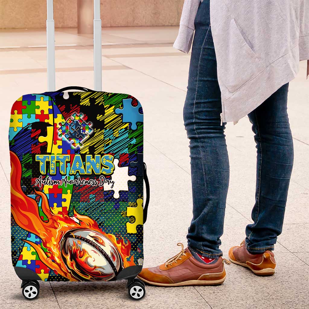 Titans Autism Awareness Luggage Cover Puzzle Flames Rugby Ball