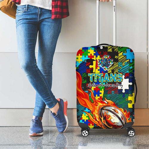 Titans Autism Awareness Luggage Cover Puzzle Flames Rugby Ball