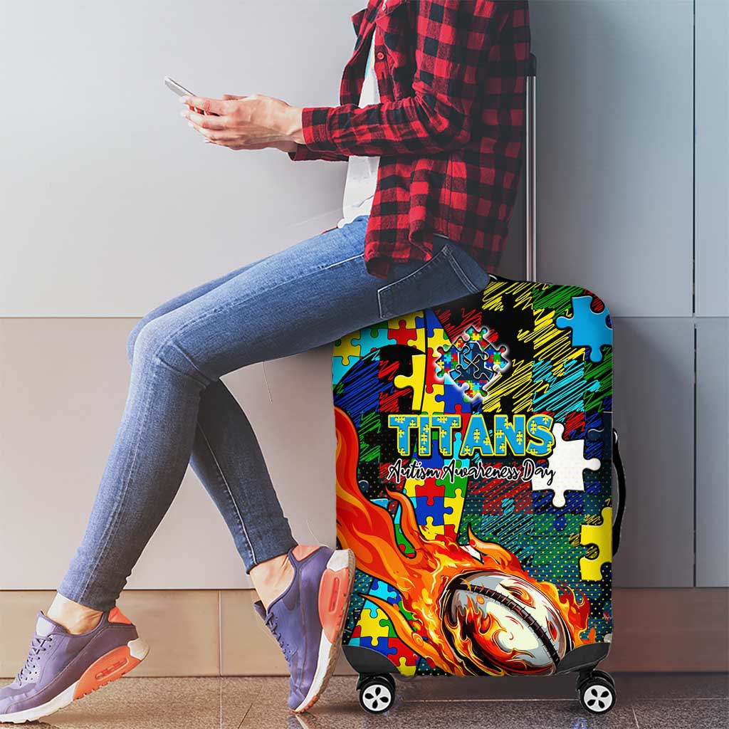 Titans Autism Awareness Luggage Cover Puzzle Flames Rugby Ball