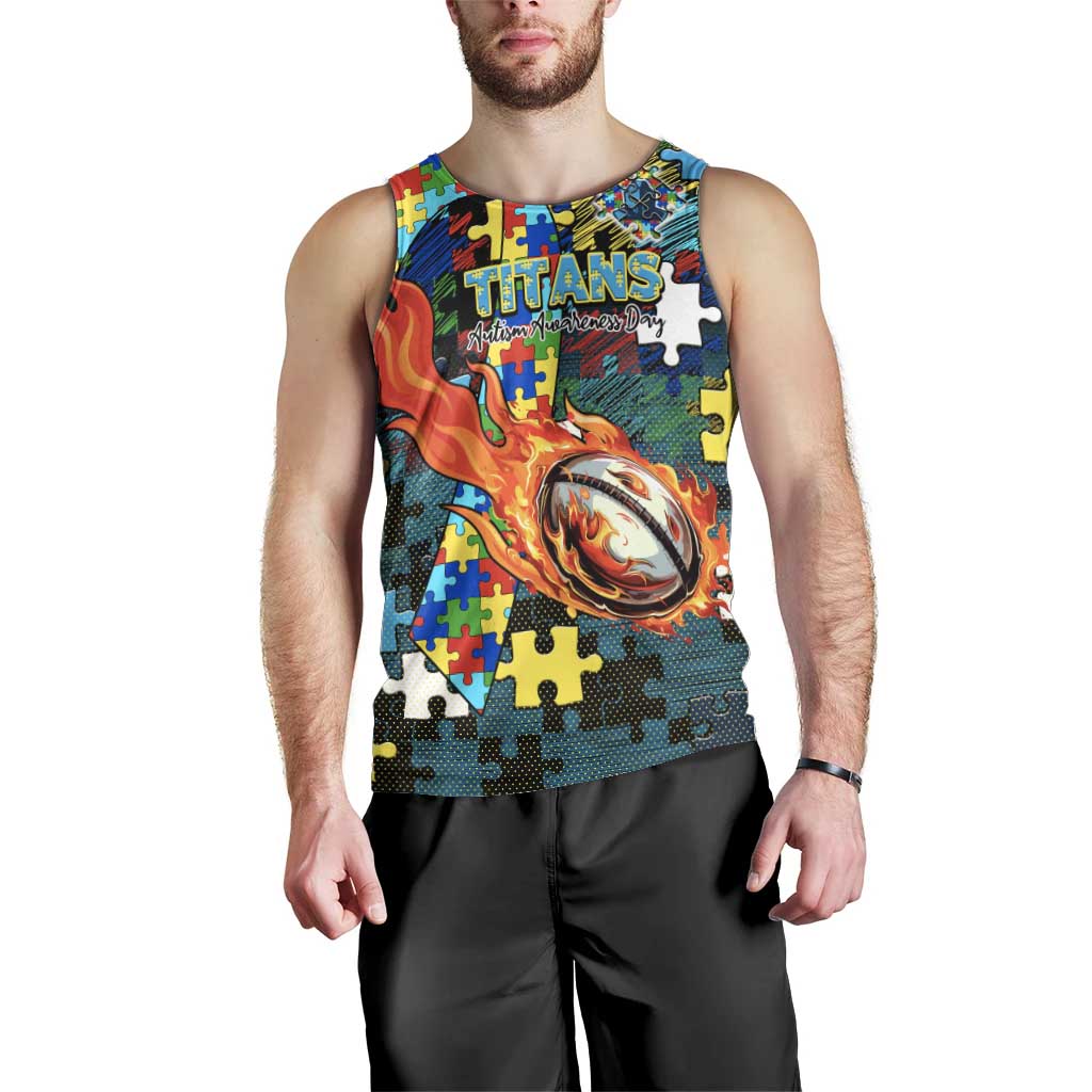 Titans Autism Awareness Men Tank Top Puzzle Flames Rugby Ball