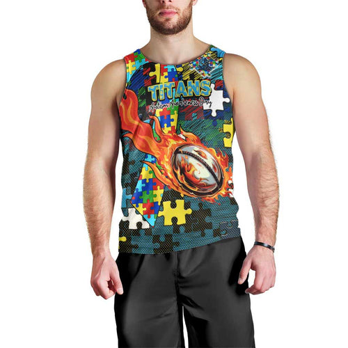 Titans Autism Awareness Men Tank Top Puzzle Flames Rugby Ball