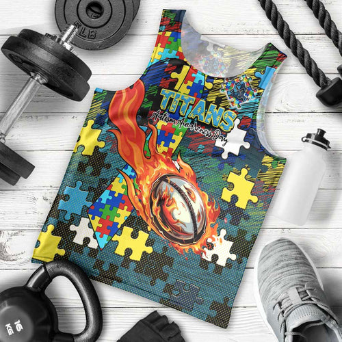 Titans Autism Awareness Men Tank Top Puzzle Flames Rugby Ball