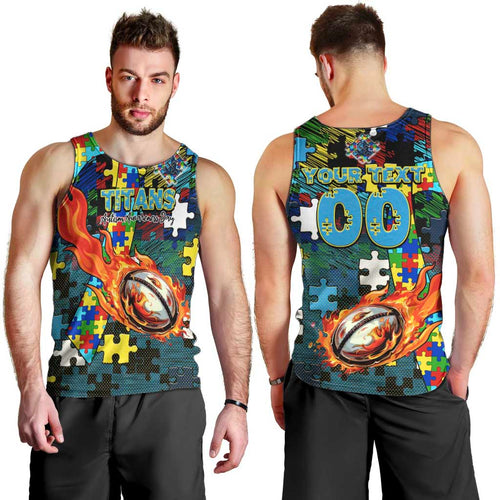 Titans Autism Awareness Men Tank Top Puzzle Flames Rugby Ball