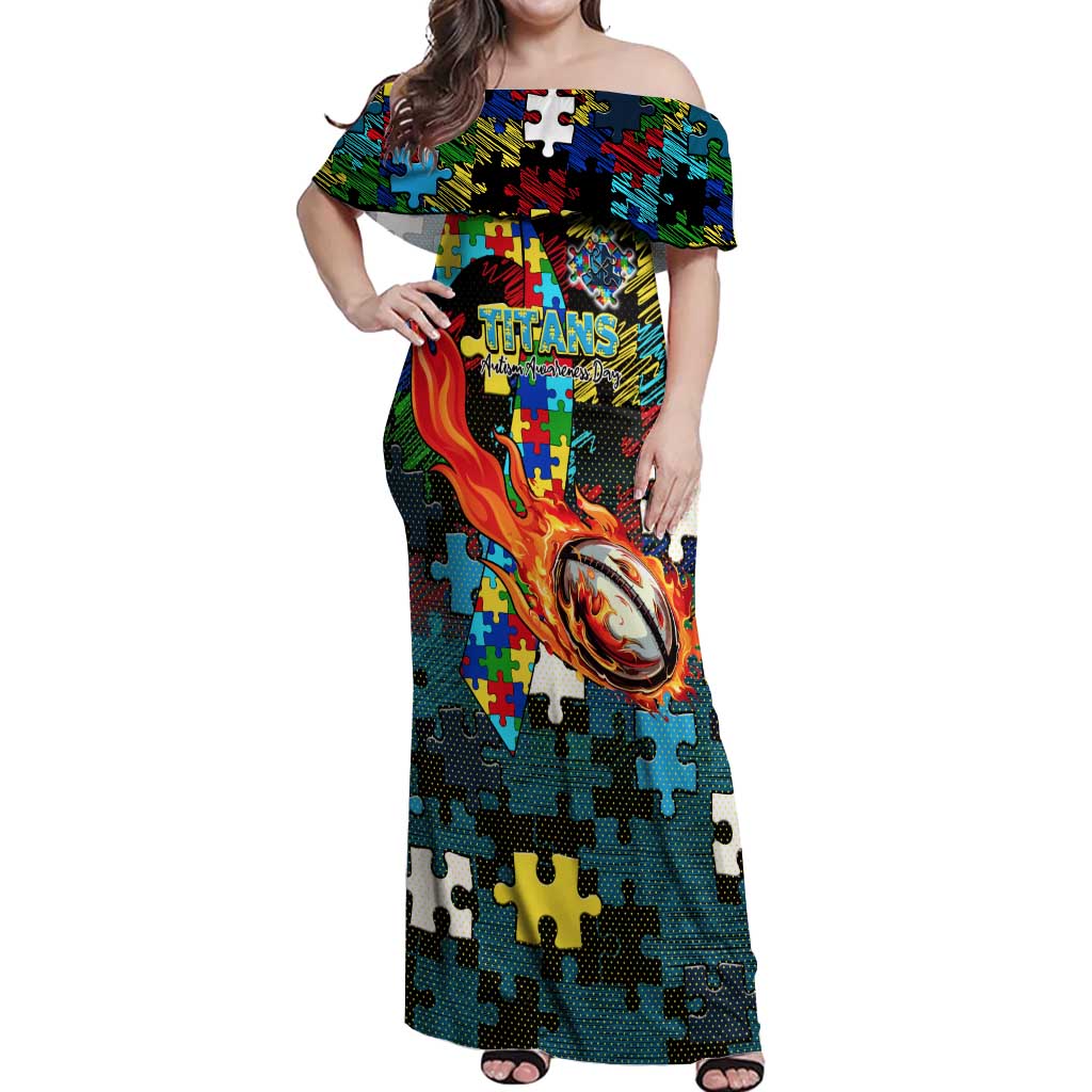Titans Autism Awareness Off Shoulder Maxi Dress Puzzle Flames Rugby Ball