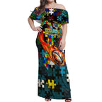 Titans Autism Awareness Off Shoulder Maxi Dress Puzzle Flames Rugby Ball