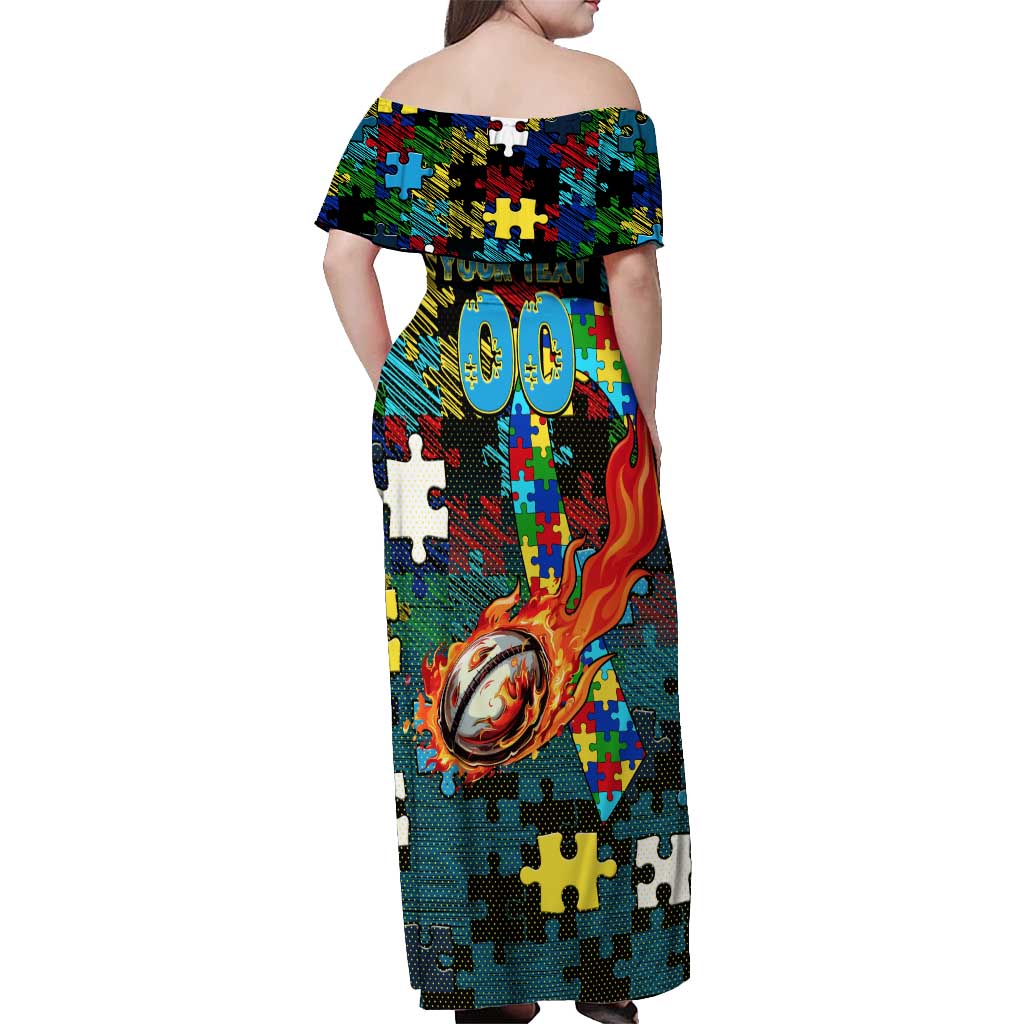 Titans Autism Awareness Off Shoulder Maxi Dress Puzzle Flames Rugby Ball