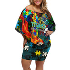 Titans Autism Awareness Off Shoulder Short Dress Puzzle Flames Rugby Ball
