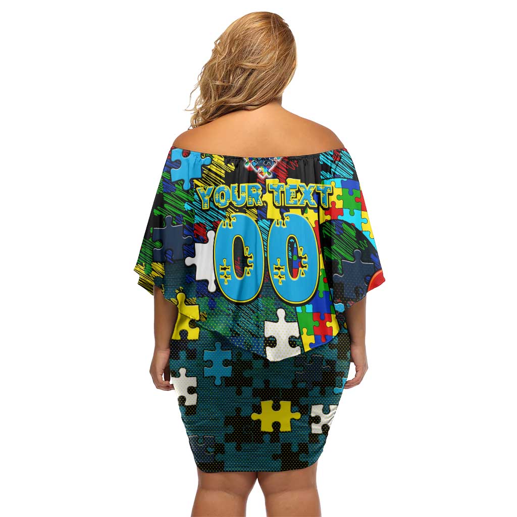 Titans Autism Awareness Off Shoulder Short Dress Puzzle Flames Rugby Ball