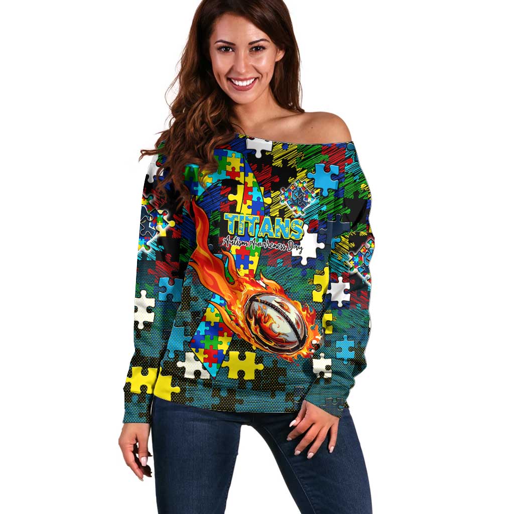 Titans Autism Awareness Off Shoulder Sweater Puzzle Flames Rugby Ball