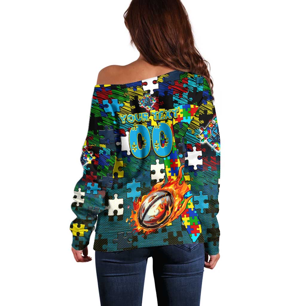 Titans Autism Awareness Off Shoulder Sweater Puzzle Flames Rugby Ball
