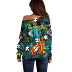 Titans Autism Awareness Off Shoulder Sweater Puzzle Flames Rugby Ball