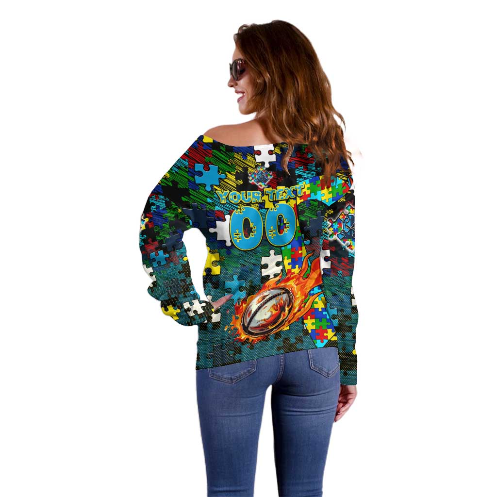 Titans Autism Awareness Off Shoulder Sweater Puzzle Flames Rugby Ball