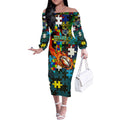 Titans Autism Awareness Off The Shoulder Long Sleeve Dress Puzzle Flames Rugby Ball