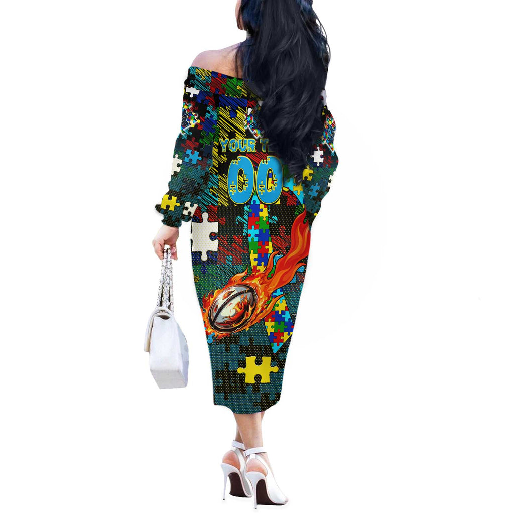 Titans Autism Awareness Off The Shoulder Long Sleeve Dress Puzzle Flames Rugby Ball