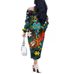 Titans Autism Awareness Off The Shoulder Long Sleeve Dress Puzzle Flames Rugby Ball