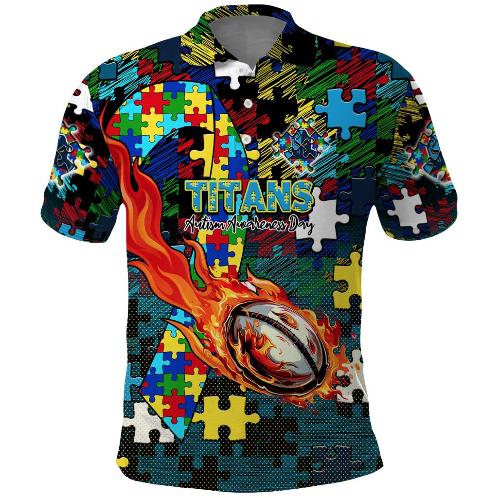 Titans Autism Awareness Polo Shirt Puzzle Flames Rugby Ball