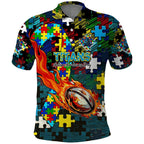 Titans Autism Awareness Polo Shirt Puzzle Flames Rugby Ball