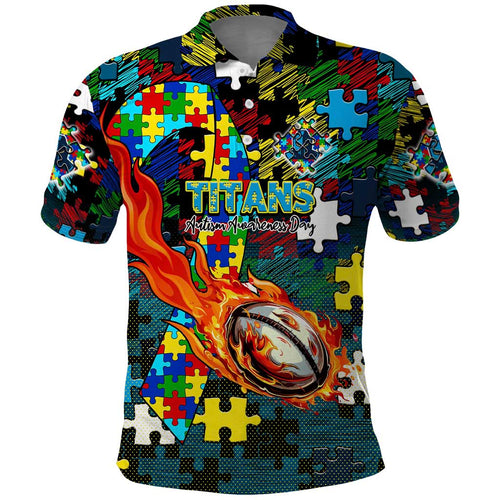 Titans Autism Awareness Polo Shirt Puzzle Flames Rugby Ball