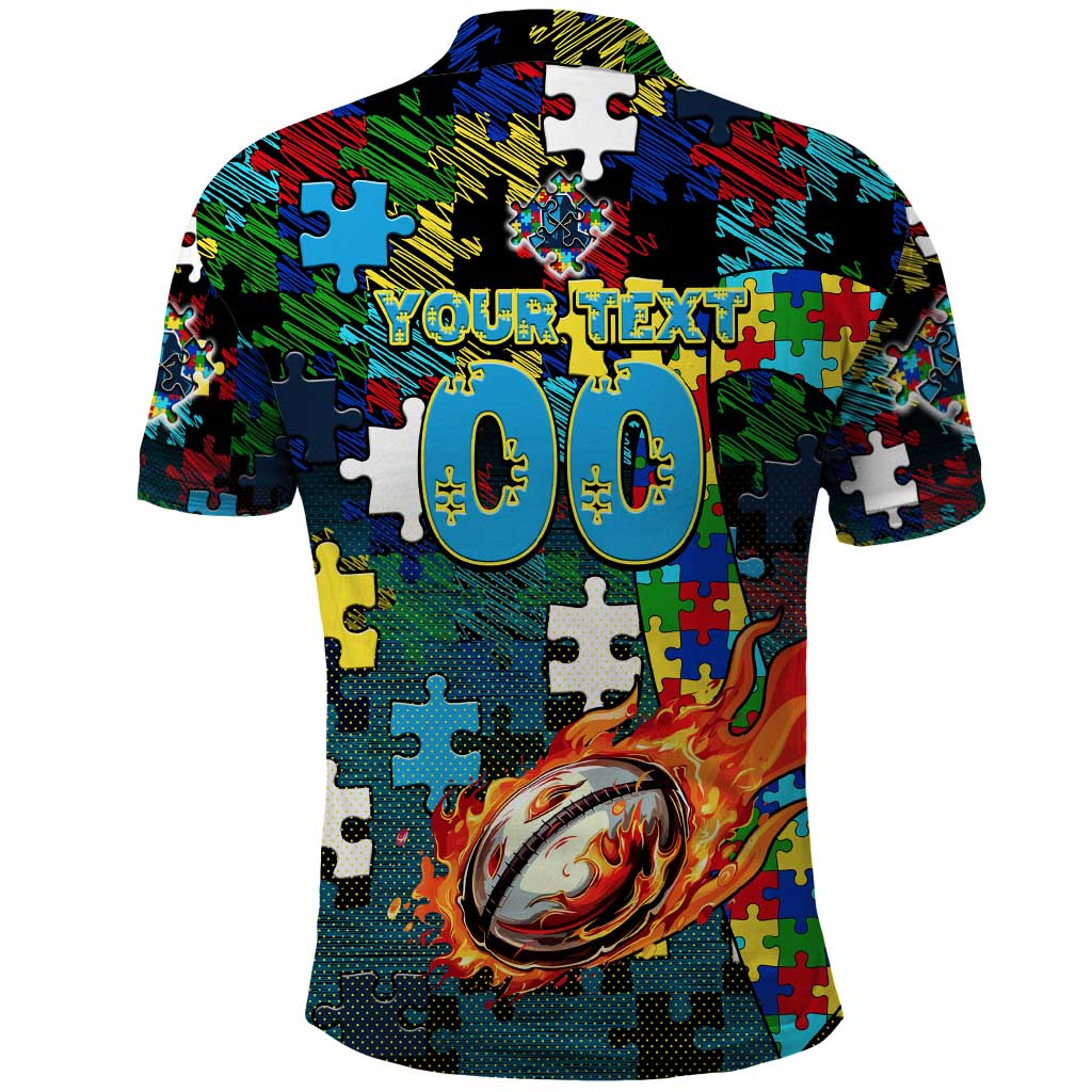 Titans Autism Awareness Polo Shirt Puzzle Flames Rugby Ball
