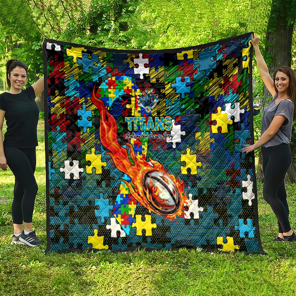 Titans Autism Awareness Quilt Puzzle Flames Rugby Ball