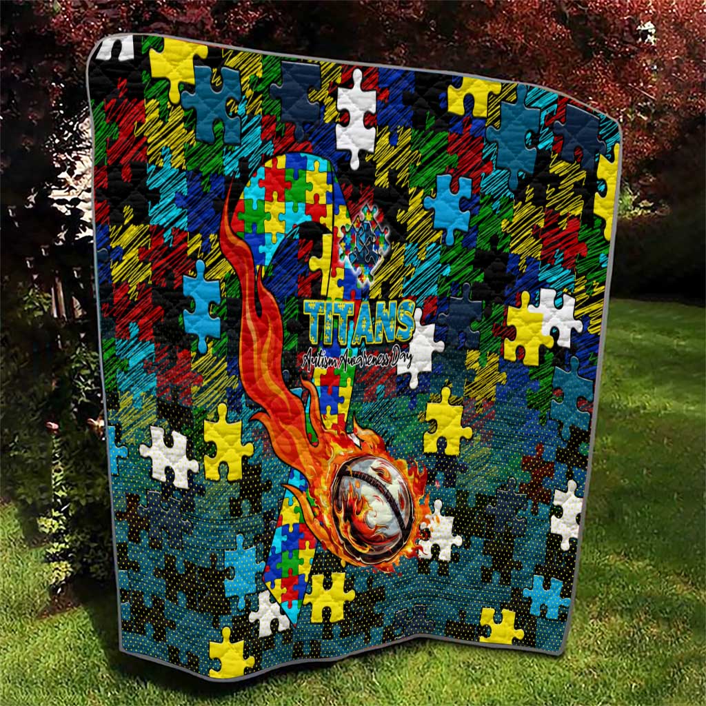 Titans Autism Awareness Quilt Puzzle Flames Rugby Ball