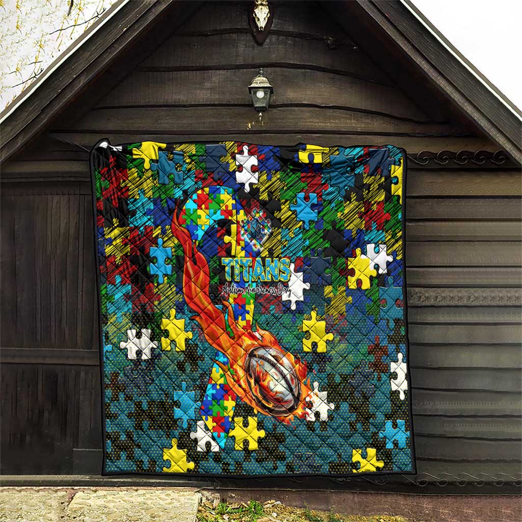 Titans Autism Awareness Quilt Puzzle Flames Rugby Ball