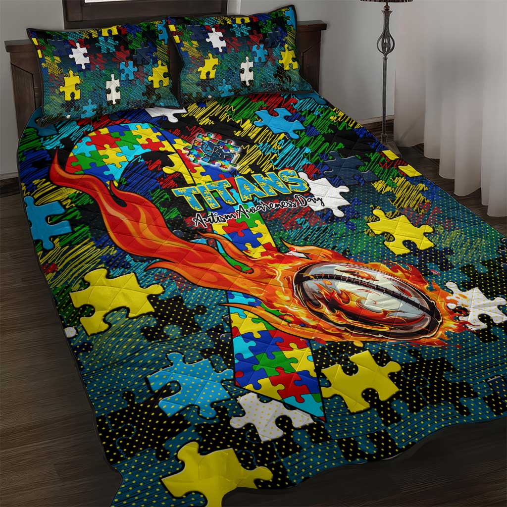 Titans Autism Awareness Quilt Bed Set Puzzle Flames Rugby Ball