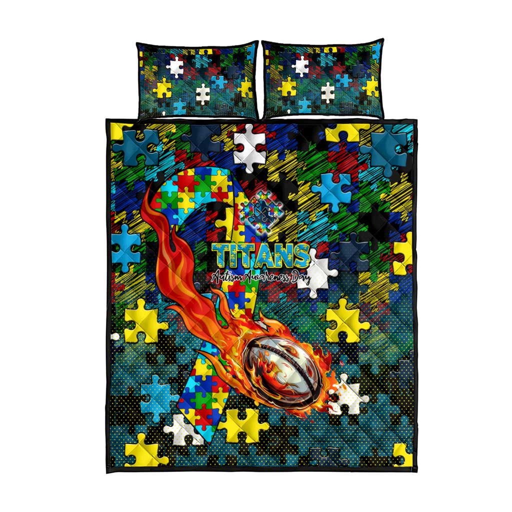 Titans Autism Awareness Quilt Bed Set Puzzle Flames Rugby Ball