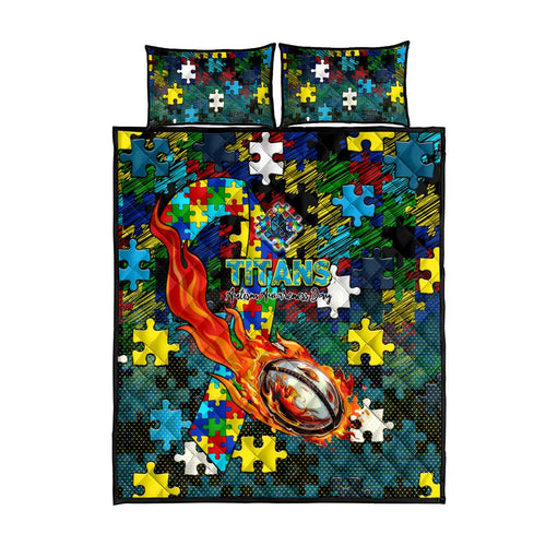 Titans Autism Awareness Quilt Bed Set Puzzle Flames Rugby Ball