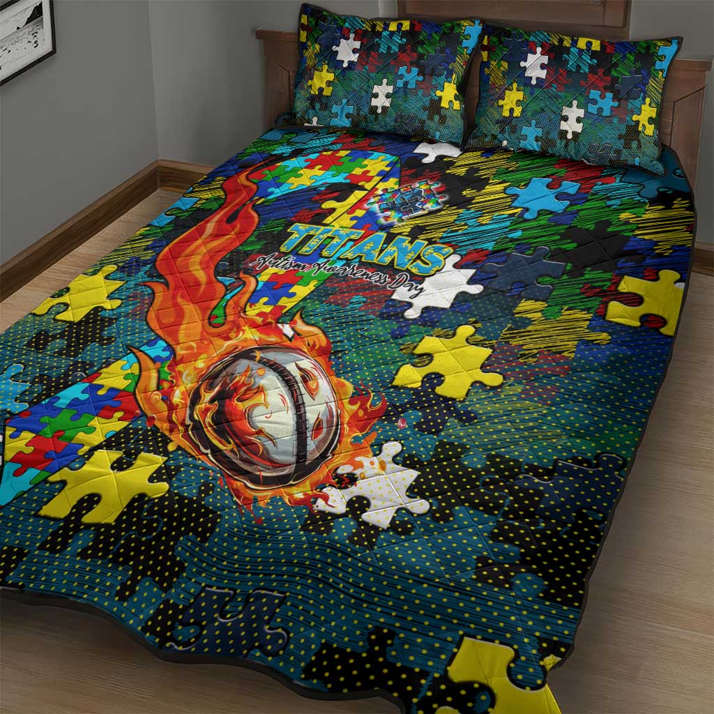 Titans Autism Awareness Quilt Bed Set Puzzle Flames Rugby Ball
