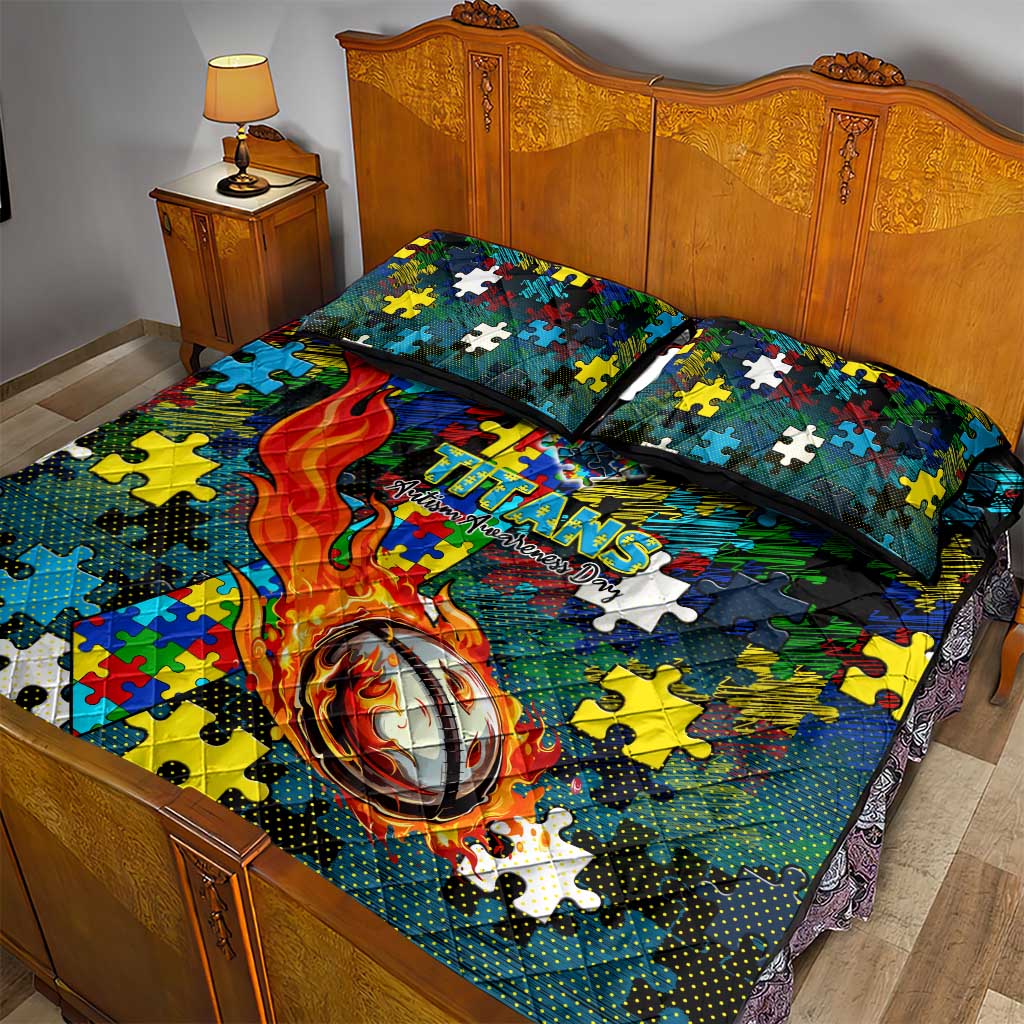 Titans Autism Awareness Quilt Bed Set Puzzle Flames Rugby Ball