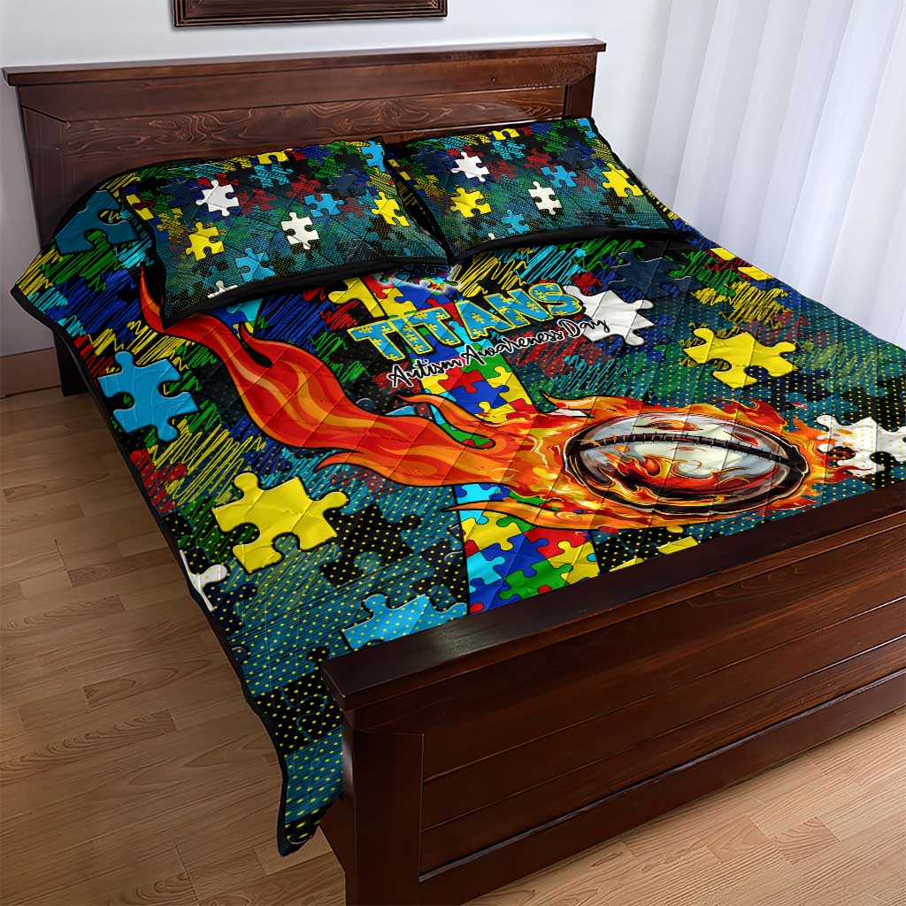 Titans Autism Awareness Quilt Bed Set Puzzle Flames Rugby Ball