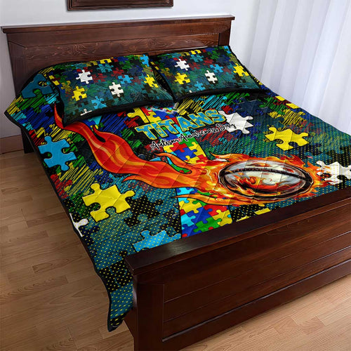 Titans Autism Awareness Quilt Bed Set Puzzle Flames Rugby Ball