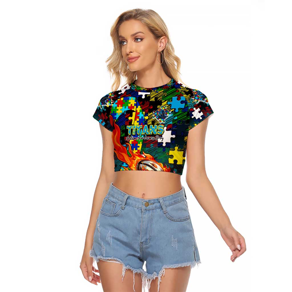 Titans Autism Awareness Raglan Cropped T Shirt Puzzle Flames Rugby Ball