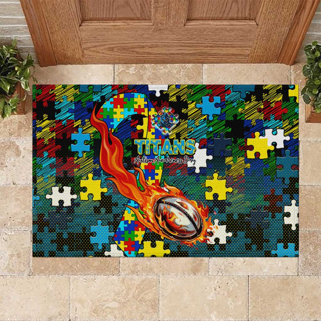 Titans Autism Awareness Rubber Doormat Puzzle Flames Rugby Ball