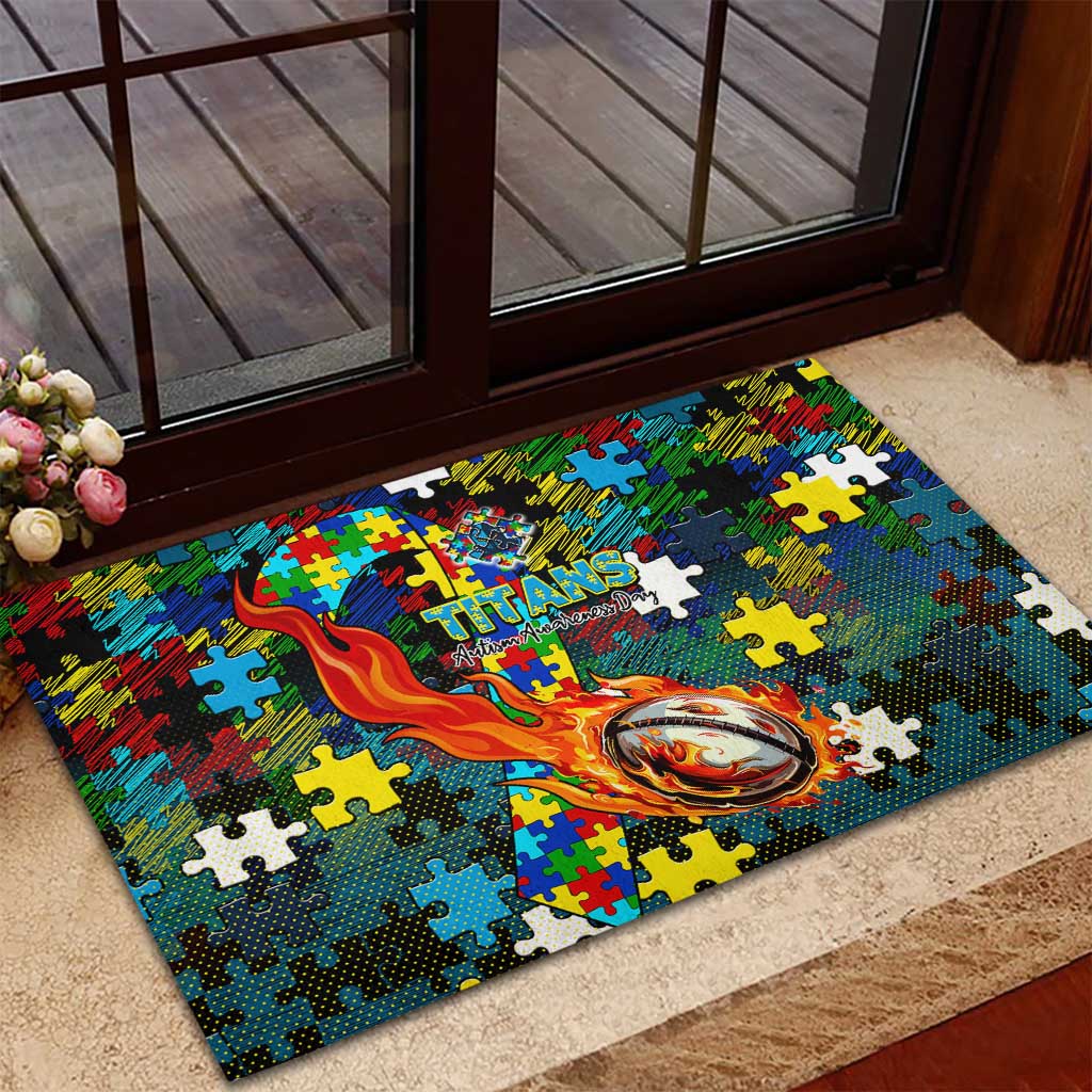 Titans Autism Awareness Rubber Doormat Puzzle Flames Rugby Ball
