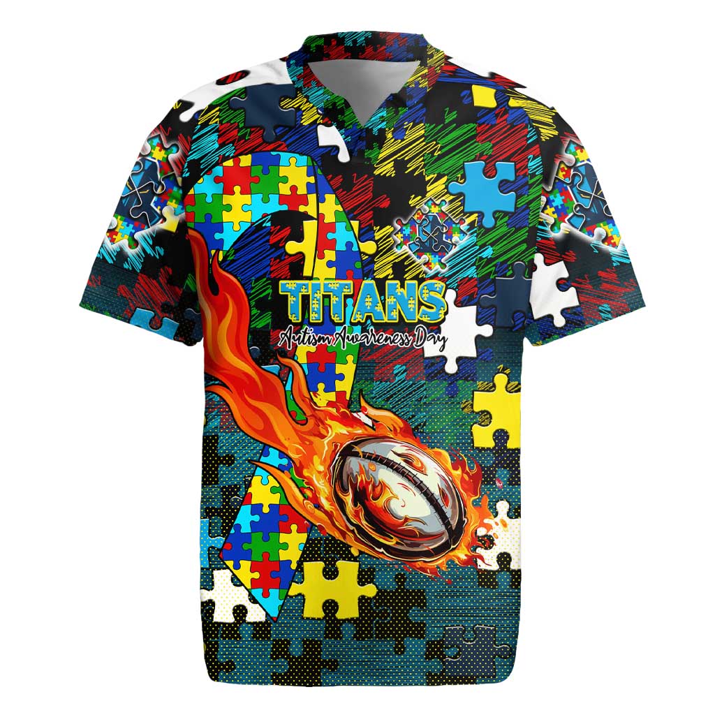 Titans Autism Awareness Rugby Jersey Puzzle Flames Rugby Ball