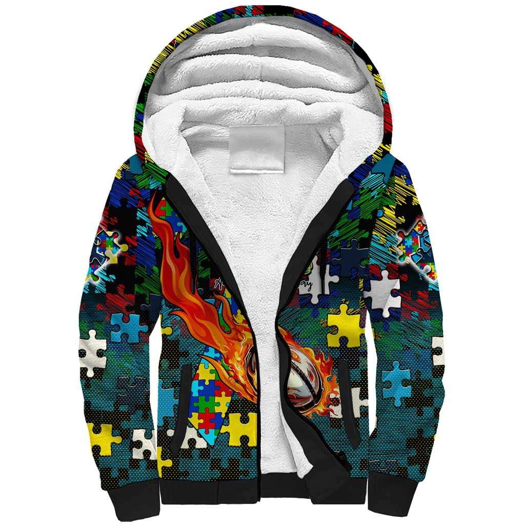 Titans Autism Awareness Sherpa Hoodie Puzzle Flames Rugby Ball