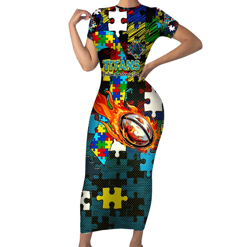 Titans Autism Awareness Short Sleeve Bodycon Dress Puzzle Flames Rugby Ball