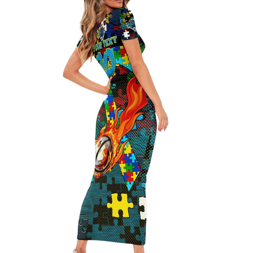 Titans Autism Awareness Short Sleeve Bodycon Dress Puzzle Flames Rugby Ball