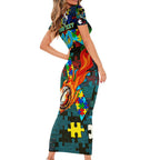 Titans Autism Awareness Short Sleeve Bodycon Dress Puzzle Flames Rugby Ball